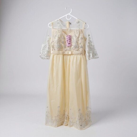 IDOPIP Formal Lace Dress Girl (9 to 14)  Yellow  Silver Wedding Bridesmaid Sheer - Picture 4 of 10
